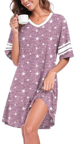 REGAI Women's Nightgown Short Sleeves Nightshirt Casual Print Sleep Dress Gowns for Women Sleepwear, White Stars, XXL
