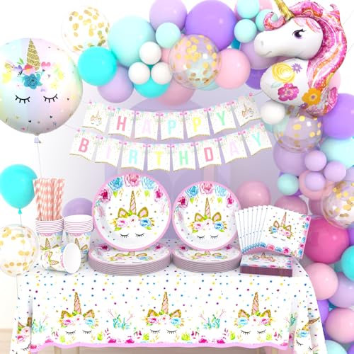 DUGEHO 144 Piezas Unicornio Fiesta Vajilla Juego de globos, Fiesta de Cumpleaños infantil Unicornio Decoración de Globos Juego de Platos de Papel Para Fiesta, Decoración de Platos de Papel