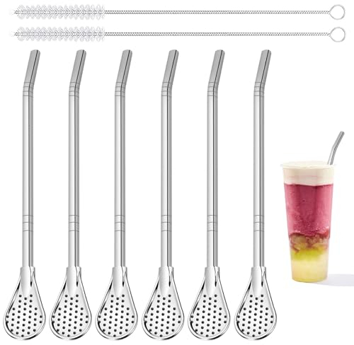 XINGXINLIAN 10 Pièces Pailles Cuillère avec 2 Brosses de Nettoyage, Paille Inox avec Cuillère Filtrante, Pailles à Boire Cuillère en Métal pour Smoothies Laits Frappés Cocktail