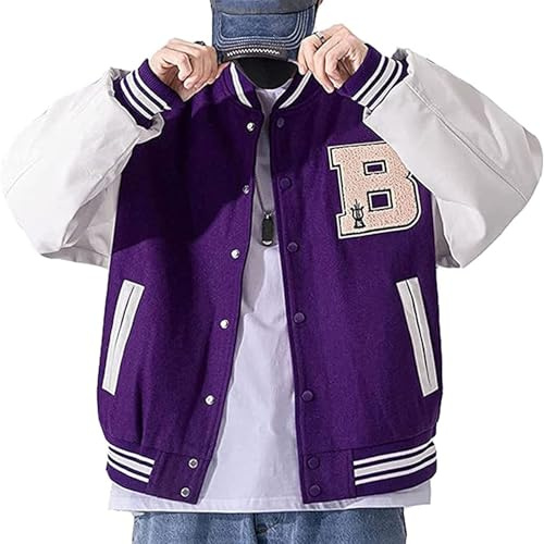 SPSMOKH Veste universitaire pour hommes, vestes de baseball, vestes hip-hop, blocs de couleur os à fourrure, motif patchwork streetwear, manteaux de baseball pour hommes, blouson aviateur (violet, XL)