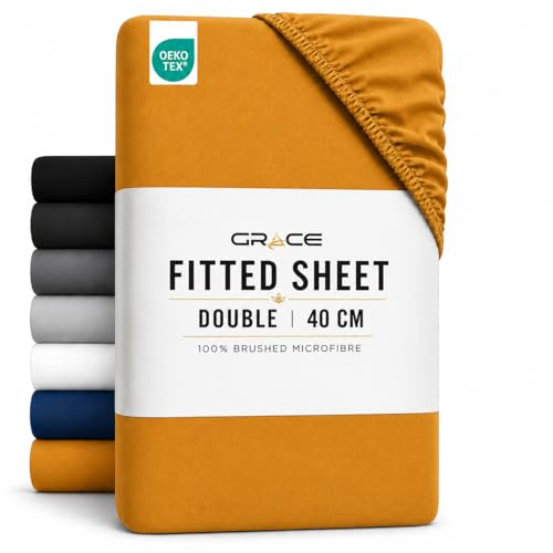 Grace Double Fitted Sheet Extra Deep Pocket 40 cm (16 inches) Durable Elastic Bed Sheets - Brushed Microfiber Fitted Sheet Double - Ultrasoft Hypoallergenic Fade Resistant