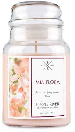 Purple River Große Duftkerze im Glas mit Deckel | Mia Flora | Duftkerze Blume | Kerzen lange Brenndauer | Sojawachskerze | Raumduft für Zuhause