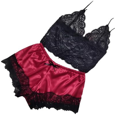 AnnSemo Lingerie Set for Women See Through Sheer Lace Bra Strappy Hollow out Nightwear Floral Embroidered Bralette Silk Panty Stain Shorts Eyelash Lacy Knickers Underwear outfits Set