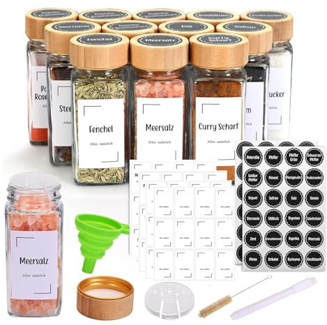 MallCreaty 12er Gewürzgläser Eckig Bambusdeckel,Gewürzdosen Set Glas,120 ml Gewürzstreuer Spice Jars Gewürzbehälter mit Trichter und Gewürzetiketten,Gewürze organizer,Gewürze Aufbewahrung