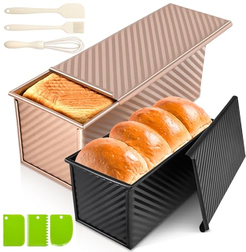 Dipanist 2Pack Pullman Loaf Pans with Lids – 2.2 LB & 1 LB Dough Capacity, Non-Stick Carbon Steel Bread Pans for Homemade Sandwich and Sourdough Bread, Corrugated Toast Mold