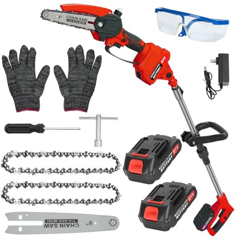 Motosierra Batería Sin Cable 180CM, 2 en 1 Mini Motosierra y Podadora de Pértiga, con 2 Baterías de 1500mAh, Sierra de Poda Telescópica Eléctrica, Guantes para Podar Arboles Patio de Jardín árboles