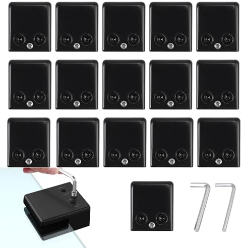 Cokritsm 16PCS Glass Clamps 8-10mm Stainless Steel 304, Black Clips Adjustable Glass Bracket Flat Back for Balustrade Staircase Handrail, Clip Grip Holder for Stair Window