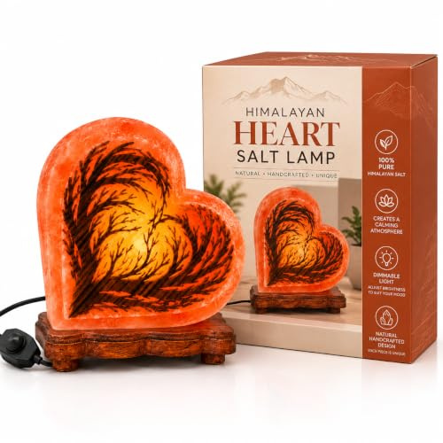 Elkoza Handmade Wood Silhouette Natural Healing IONES Therapeutic 100% Pure Himalayan Pink Crystal Salt Lamp Fine Quality with Dimmer Switch (Heart Lamp Salt Lamp, Himalayan 3D Salt Lamp)