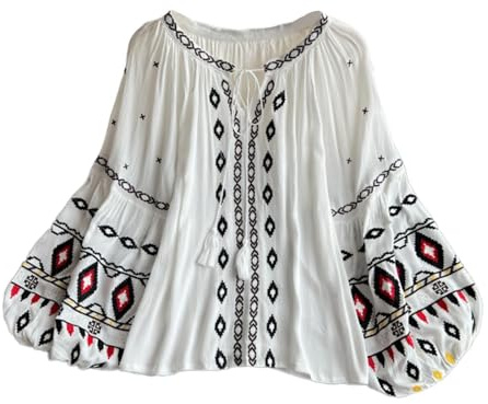 Amagogo Camicetta da donna con ricamo Camicia etnica in lino di poliestere per lo shopping, viaggi estivi, Bianco