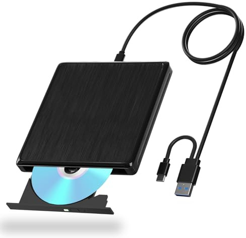 Unidad externa USB de CD/DVD, USB 3.0 y unidad externa de CD/DVD tipo C para laptop, unidad externa de CD ROM para PC con cable de datos extendido, grabadora de CD portátil, lector de DVD para laptop
