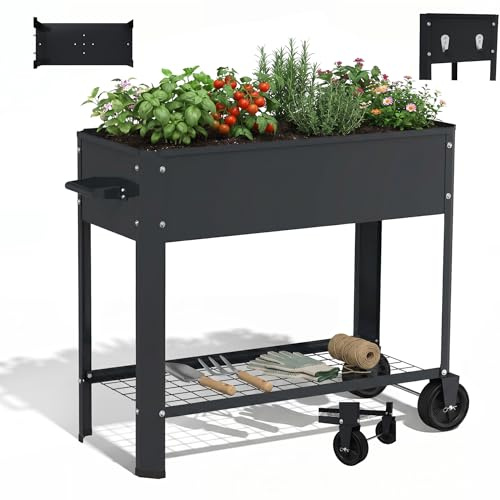 HENGMEI Aiuola rialzata con ruote e maniglie, per giardino, in metallo, con ripiano, robusta fioriera per verdure ed erbe, ideale come spirale per erbe e fioriere da balcone (nero)