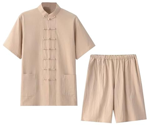 Kungfu Tang Traje de hombre Corto Verano Traje de 2 Piezas Manga Corta Camisa y Pantalones Cortos Traje de Playa Estilo Chino Tradicional Artes Marciales Kung Fu Tai Chi Cómodo Traje Casual Casual
