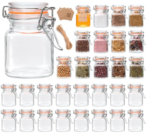 Encheng 4 oz Glass Jars With Airtight Lids And Leak Proof Rubber Gasket,Small Mason Jars With Hinged Lids For Kitchen, Mini Spice Jars With Twine And Tags Labeling 30 Pack