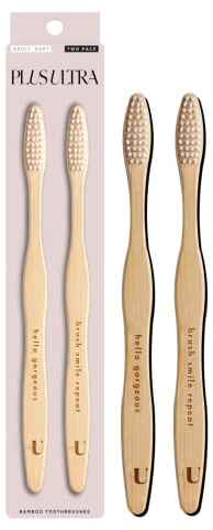 Plus Ultra 2-Pack Bamboo Toothbrush - BPA Free Soft Bristle - Dentist-Approved and All-Natural with Brush Smile Repeat and Hello Gorgeous Etched on Handles