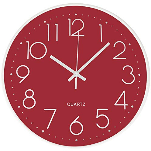 Outpicker Wall Clock 12 Inch Office Clock Silent Non Ticking Battery for Kitchen,Living Room,Bedrooms Modern, Red Wall Clock