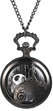 JewelryWe Taschenuhr Herren Damen mit Schädel Totenkopf Jack Skellington aus The Nightmare Before Christmas, Quarz Analog Uhr mit Kette Halskette Schwarz