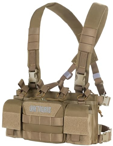 OneTigris Gilet tactique, Chest Rig Réglable Molle Tactique Airsoft Gilet Imperméable pour les jeux CS, les fans militaires et les jeux de chasse Airsoft, Coyote, L