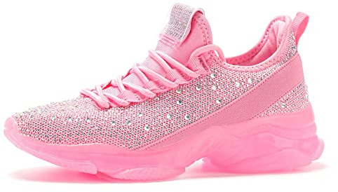 BELOS Women's Fashion Rhinestone Mesh Knit Slip On Sneaker Breathable Glitter Walking Shoes(Pink,7)