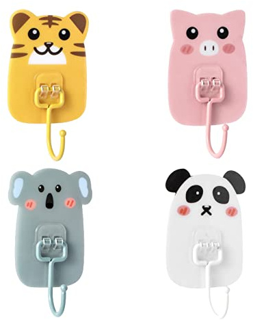 NA 4 Pcs Wall Hooks Cartoon Self Adhesive Hooks Wall Mounted Coat Hooks for Kids Hanging Keys Towels Hats