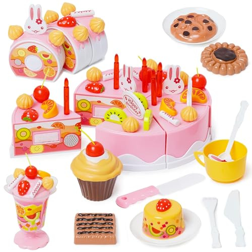 Gâteau d'anniversaire Jouet 75 Pièces, Jeu de Desserts et Dinette Cuisine Enfant, Aliment à Couper, Accessoires Dinette Plastique, Jeu de Rôle Cadeaux d'anniversaire pour Filles Garçons 3 4 5 Ans