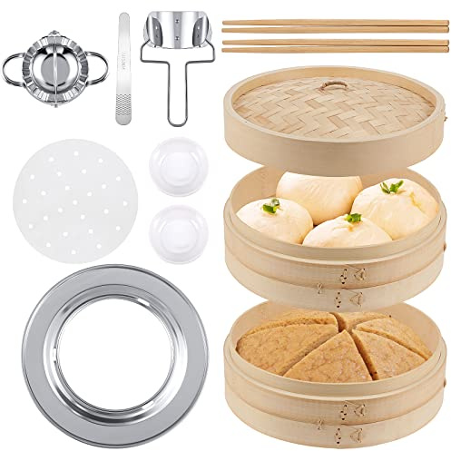 Tessco for you 59 Pcs 2 Tier 12 Inch Bamboo Steamer Basket Set Including Bamboo Steamer Stainless Steel Ring Dumpling Maker Mold and Cutter Spoon 2 Pair Chopsticks 2 Sauce Dish 50 Paper Liners