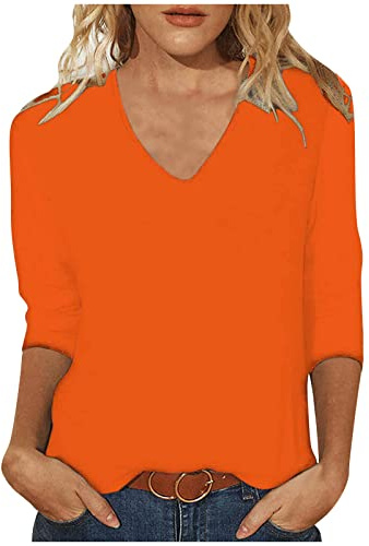 Haut pour femme 3/4 manches T-shirt à la mode uni Col en V Manches trois quarts Chemisier d'été Tout-match Tunique Blouse Vacances Loisirs T-shirt de course Ado Filles T-shirts Streetwear