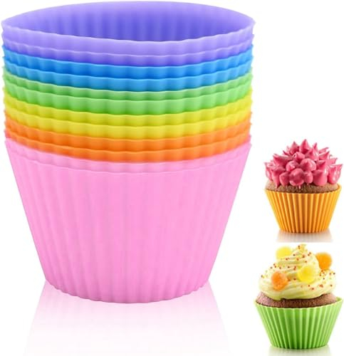 12Pcs Silicone Cupcake Cases Muffin Reusable Cake Moulds Non-Stick Baking Cups for Chocolate Jelly Bun Pan Pudding Bakeware Brownies 4 Colours (Multicolor)