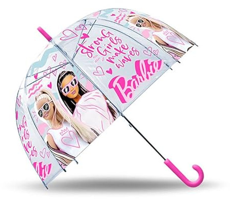 SRV Hub Kids Barbie Transparent Umbrella, 75cm PVC Dome, Lightweight, Windproof, Child-Sized for Girls 3-7 Years, Durable, Portable, Rain & Sun Protection, Stylish J Handle