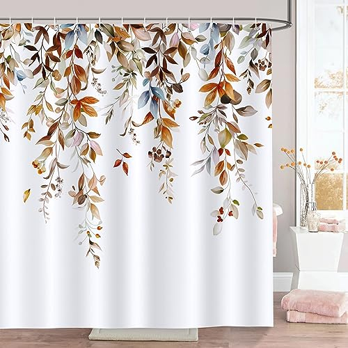 Bonhause Cortina de Ducha Hojas de Otoño Planta de Acuarela Marrón Cortina de Baño de Poliéster Impermeable Antimoho Lavable Cortina Ducha 180 x 180 cm con 12 Ganchos