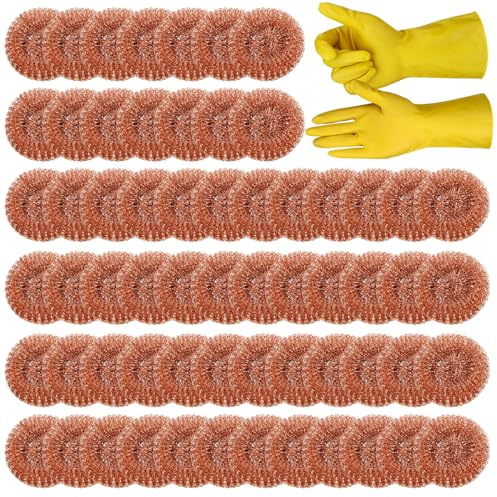 Hushee 50 Pack Copper Coated Scourers Rust Resistant Scrubbing Scouring Pad with 1 Pair of Rubber Household Cleaning Gloves Heavy Duty Copper Mesh Scourer for Dishes, Pots, Pans, and Ovens