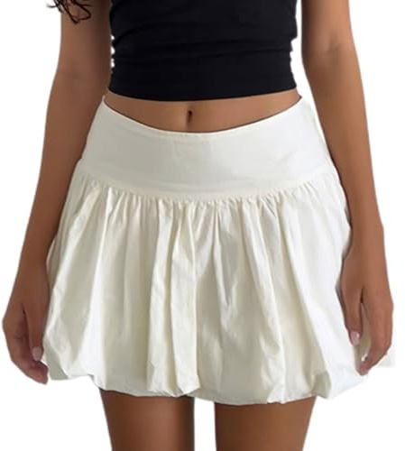 Womens Summer Pleated Bubble Mini Skirt Solid Low Rise Puffy Short A-Line Skirt Teen Girls Cute Balloon Skirt (Creamy White, XL)