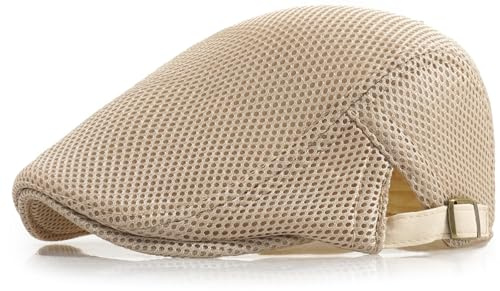 Xinveen Men's Mesh Cap Breathable Summer Newsboy Hat Adjustable Beret Ivy Cap Irish Cabbie Driving Hunting Hats Beige