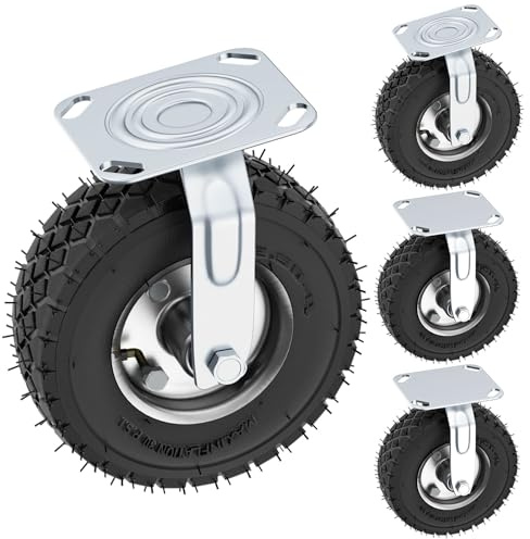 8 Inch Pneumatic Caster Wheels Set of 4 (2 Swivel/2 Rigid),Heavy Duty Casters,Tolerable 880 LBS,Rubber Knobby Tread for Workbench, Cart, Trolley,Wagon and Shelves