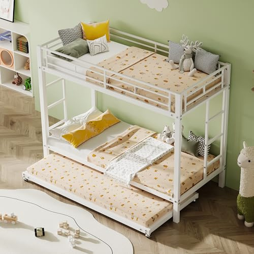 odikalo Literas 3 Camas 90x200 cm con Cama extraíble 90x190 cm Incluidas Las Pastillas de Freno, Marco de Camas de Metal con Barreras de Seguridad, con somier de láminas, sin Colchón, Blanco