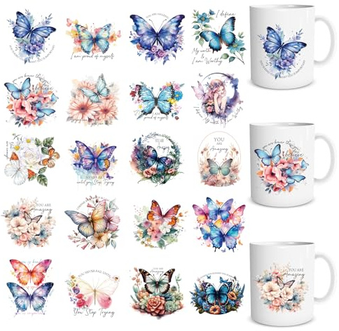 Eiapadeor Butterfly UV DTF Cup Wraps, 20Pcs Inspirational Transfer Stickers | butterfly and inspirational flower theme, waterproof, suitable for DIY glass cups, mugs, tumblers