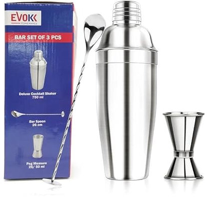 EVOKK Cocktail Shaker Set, 3 Pcs Satinless Steel Cocktail Making Set with 750 ml Shaker, Double Jigger 25 & 50 ml & 27.5cm Mixing Spoon, Baternder Cocktail Kit for Home, Christmas & Party