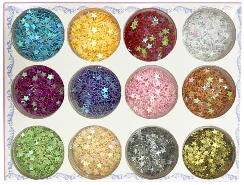 Paillettes, 12 couleurs pour festival, pour le visage, le corps, accessoires de paillettes pour ongles, yeux, lèvres, cheveux, maquillage pour Halloween - Étoile à cinq branches Paillettes, 12