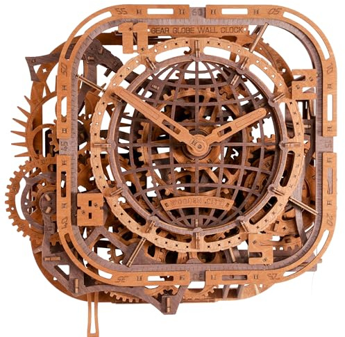 WOODEN.CITY Puzzle en bois 3D – Horloge murale en forme de globe | Kit de construction en bois pour adultes | 369 pièces | Horloge mécanique puzzle 3D | Pas de colle nécessaire | Fabriqué dans l'UE