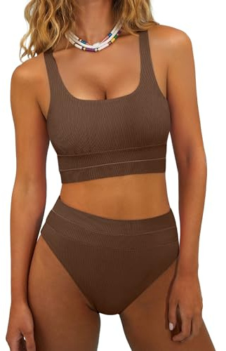 ANRABESS Bikini Sets for Women Summer 2026 High Waisted 2 Piece Bathing Suit Tummy Control Swimsuit Color Block Swimwear Brown Medium