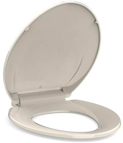 19 Elongated Almond Toilet Seat Cover, Slow Close Polypropylene Design with Never Loosen Lid, Quiet and Easy to Install & Clean