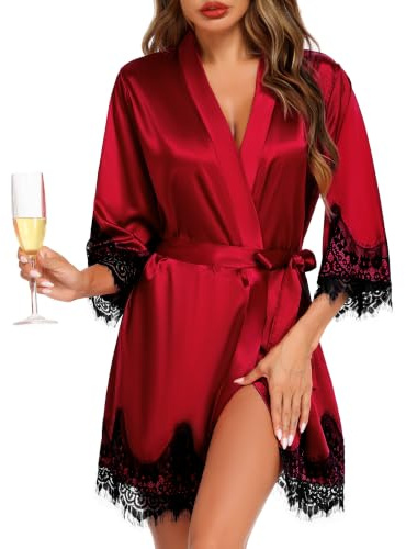 Lovasy Peignoir Satin Femme Court en Dentelle Robe de Chambre Soie | Peignoir de Mariage Kimono Léger Bride Sexy Col V avec Ceinture Robe de Demoiselle d'Honneur