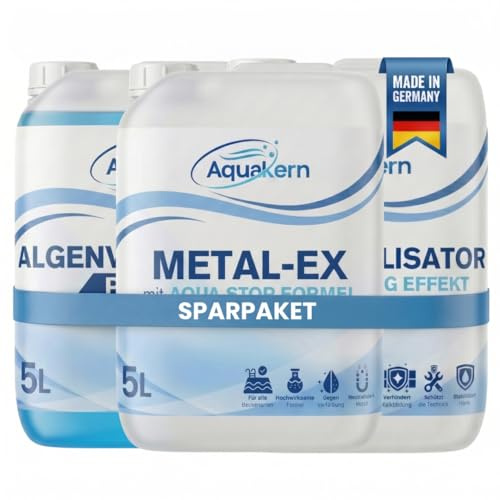 Aquakern Algenvernichter Pool Power 5L & Härtestabilisator 5L & Metal Ex 5L [entfernt Algen, braunes Wasser & Kalkablagerungen] schützt die Pooltechnik | Algezid für Pool | Made in Germany