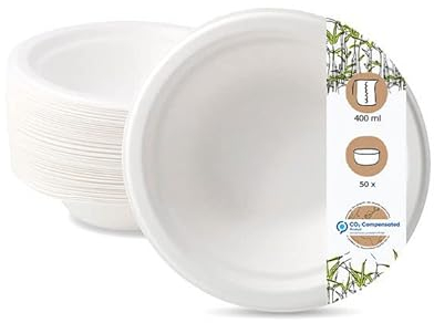BIOZOYG Einwegschalen 50 Stück 400 ml Ø 18 cm weiß - Suppenteller aus Zuckerrohr Partygeschirr Einwegteller Suppenschalen - Bowl Pastateller, tiefe Teller stabil