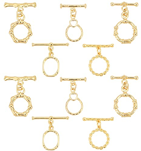 PH PandaHall Messing-Knebelverschlüsse Im PandaHall 5-Stil, 18K Plattierter Ring Runde TBar-Verschlüsse Polygon-Schmuckverschlüsse Ovale T-Bar-Verschlussglieder Für Halsketten-Armband, 10 Sets