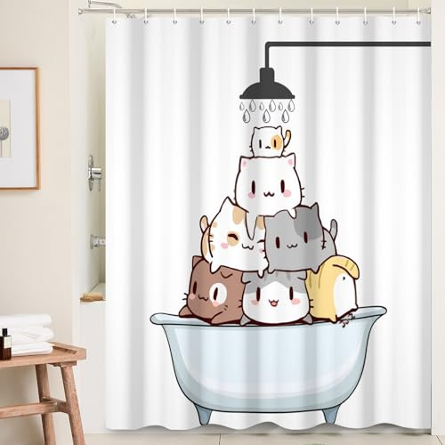 Ttincceer 180 x 200 cm söt katt duschdraperi tecknad katt i badkar dusch baddraperi vattentätt roligt djur husdjur duschgardiner tvättbart badkar gardin