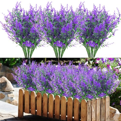Künstliche Pflanzen Blumen UV Beständig Kunstblumen Im Topf Wie Echt 10 Bündel Fake Flowers Sträucher Deko Kunstblume Künstliche Balkonpflanzen Lavendel für Haus Tisch Garten Dekoration (Lila)