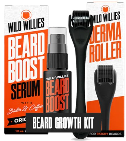 Wild Willies Beard Growth Kit - Premium Derma Roller & Beard Boost Serum - Microneedle Roller & Beard Hair Growth Serum with Biotin & Caffeine for Fuller Beard, Scalp Care - Easy to Use Kit with Case
