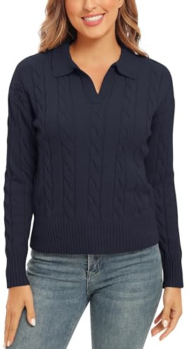 Mujeres Grueso Cuello V Manga Larga Jerséis Sólido Clásico Elástico Autocultivo Pullover de Punto(M, Azul marino)