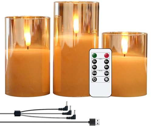 GenSwin Rechargeable LED Flameless Flickering Glass Candles with Remote Timer, Battery Operated Pillar Candles Long Lasting Gold Real Wax USB Candle (D 3”×H 4”5”6”)