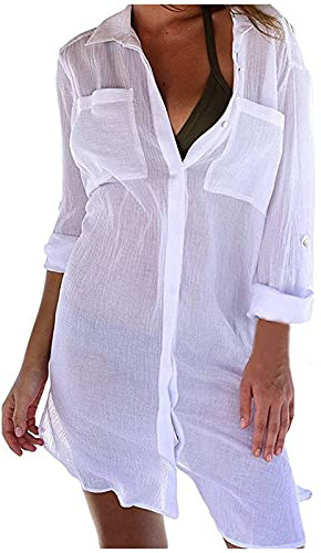 Strandskjorta dam vit strand blusklänning sommar v-ringad strand cover up sexig transparent tunika lätt bikini strandponcho sommarklänning elegant badmode strand lång skjorta skjortklänning